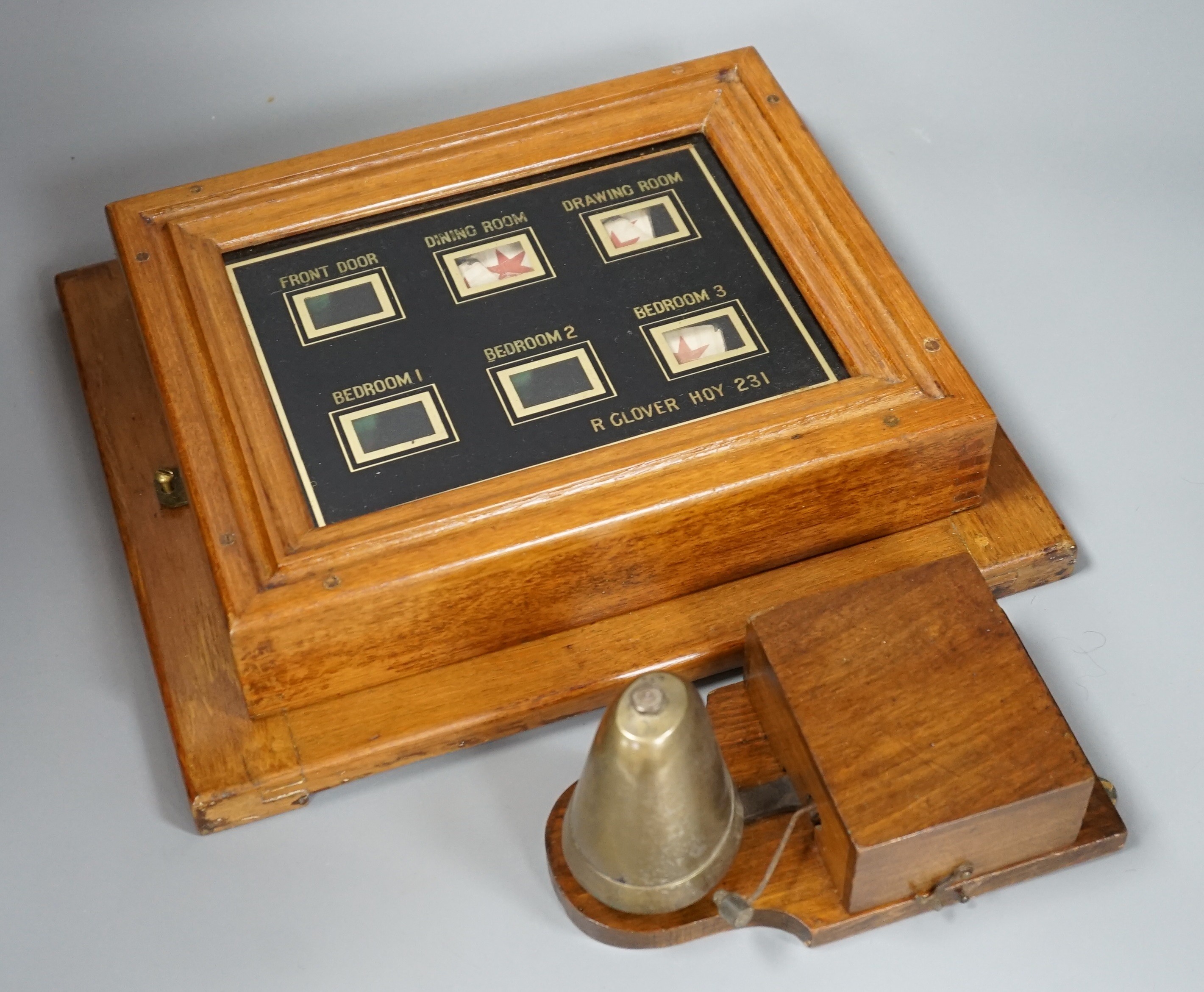 An oak servant call box and bell, 29x35cm